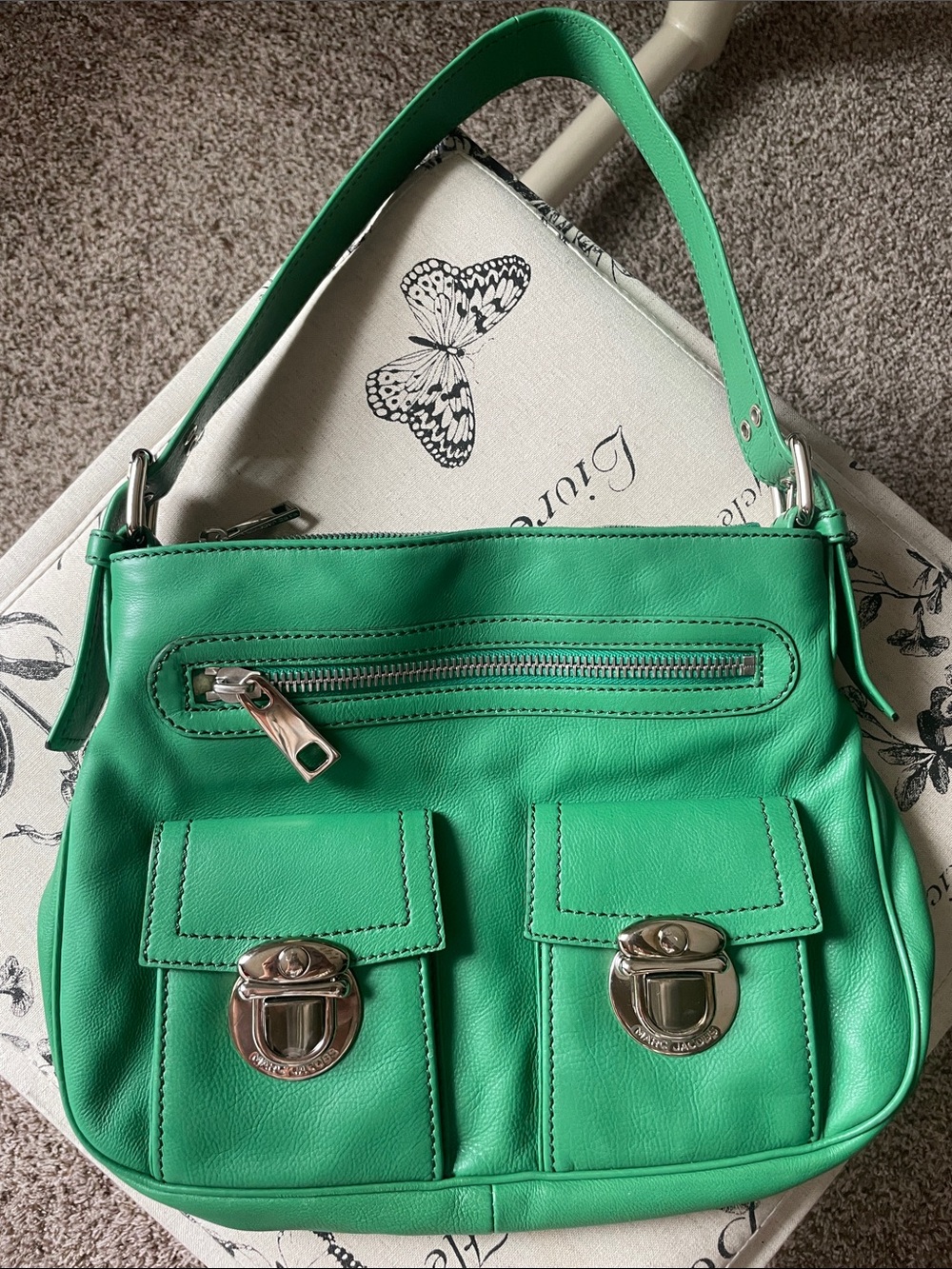 Marc Jacobs Emerald Green Leather Shoulder Bag with Front Pockets